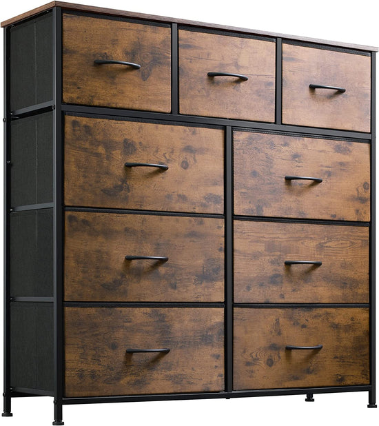 9 Drawers Fabric Dresser for Bedroom, Storage Tower, Rustic Brown Wood Top