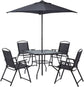 6-Piece Outdoor Patio Dining Set with Umbrella, Outdoor Tempered Glass Table and Chairs, Black