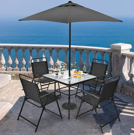 6-Piece Outdoor Patio Dining Set with Umbrella, Outdoor Tempered Glass Table and Chairs, Black