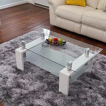 Living Room Rectangle Coffee Table, Tea Table Suitable for Waiting Room, Modern Side Coffee Table with Wooden Leg, Glass Tabletop with Lower Shelf, White