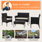 Patio Furniture Set Wicker 4 Pcs Outdoor Rattan Chair Tempered Glass Tabletop, Black