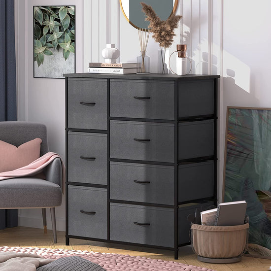 Dresser with 7 Drawers for Bedroom Fabric Storage Tower Tall Dresser Chest of Drawers for Hallway Closet Living Room, Heavy Duty Steel Construction, Wood Top